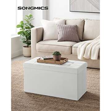 SONGMICS 30 Inches Folding Storage Ottoman Bench with Flipping Lid, Storage Chest Footstool, Faux Leather, White ULSF45WT