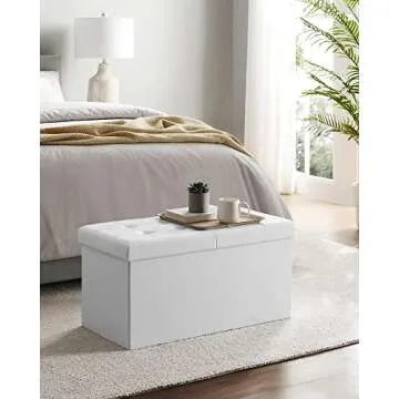 SONGMICS 30 Inches Folding Storage Ottoman Bench with Flipping Lid, Storage Chest Footstool, Faux Leather, White ULSF45WT