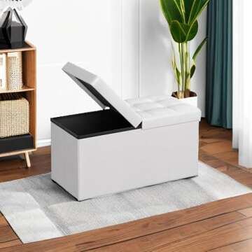 SONGMICS 30 Inches Folding Storage Ottoman Bench with Flipping Lid, Storage Chest Footstool, Faux Leather, White ULSF45WT