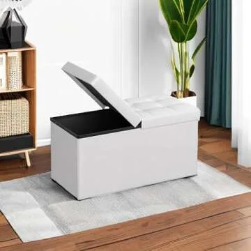 SONGMICS 30 Inches Folding Storage Ottoman Bench with Flipping Lid, Storage Chest Footstool, Faux Leather, White ULSF45WT