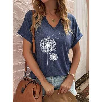 Charming Women's V-Neck Dandelion Print Casual Short Sleeve Tee Tops in Dark Blue