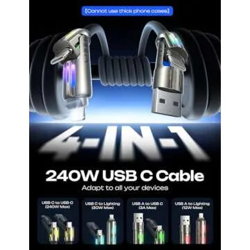 USB C to Lightning Cable, 240W 4 in 1 Charging Cable 6.6FT, Chubby USB A/C to C/Lightning Cable with...