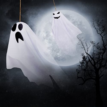 Sunolga 8 Pack 27.6 Inch Halloween Hanging Ghosts for Halloween Party Decoration, Cute Flying Ghost for Front Yard Patio Lawn Garden Party Décor, Tree, Spooky Party Supplies, White