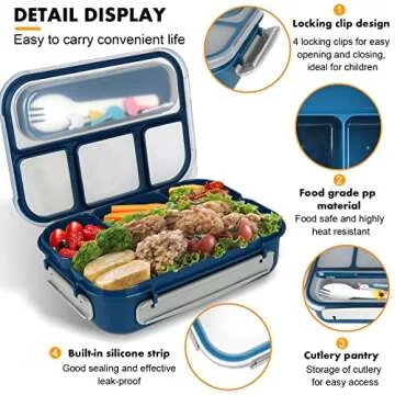 Bento Box, Lunch Box Kids, 1300ML Bento Box Adult Lunch Box with 4 Compartment &Food Picks &Cake Cups, Lunch Box Containers for Adults/Kids/Toddler, Leak-Proof, Microwave/Dishwasher/Freezer Safe(Blue)