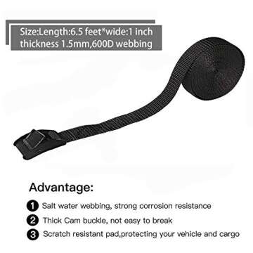 Premium Lashing Strap Short 1" x 6.5 ft, Cam Buckle Tie Down Straps Heavy Duty Secure Straps up to 7...