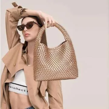 Women Vegan Leather Hand-Woven Tote Handbag Fashion Shoulder Top-handle Bag All-Match Underarm Bag w...