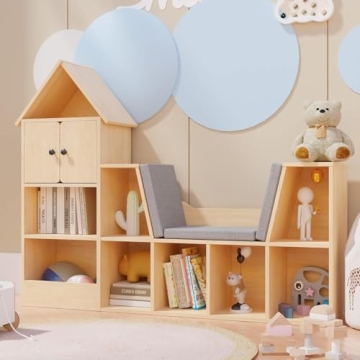 Cozy Castle 56.9" Wooden Kids Bookshelf with Reading Nook, Kids Bookcase with Detachable Cushions,To...