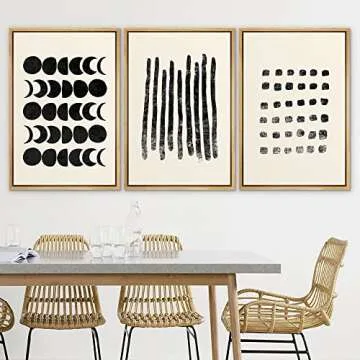 SIGNLEADER Framed Canvas Print Wall Art Semi Circles and Long Black Lines Geometric Shapes Drawings Modern Art Contemporary Edgy Black and White for Living Room, Bedroom, Office - 16"x24"x3 Natural