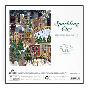 Galison Sparkling City – 1000 Piece Foil Puzzle with Illustrations of Colorful Merriments in The City with Gold Foil Accents