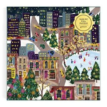 Galison Sparkling City – 1000 Piece Foil Puzzle with Illustrations of Colorful Merriments in The City with Gold Foil Accents