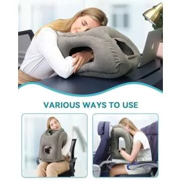 JefDiee Inflatable Travel Pillow, Airplane Neck Pillow Comfortably Supports Head and Chin for Airplanes, Trains, Cars Office Napping on The Tray Table (Grey)