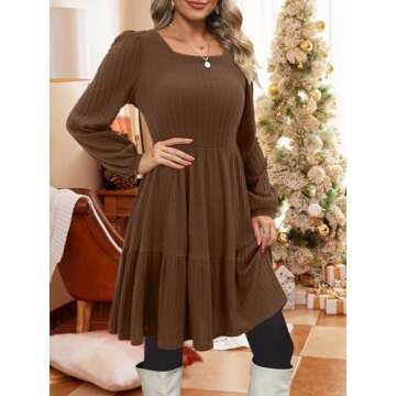BIUBIU Women's Casual Knit Sweater Dress Square Neck Long Sleeve Knee Length Babydoll Dresses Trendy 2024(Brown,S)