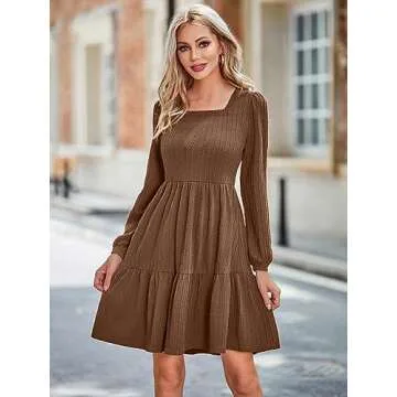 BIUBIU Women's Casual Knit Sweater Dress Square Neck Long Sleeve Knee Length Babydoll Dresses Trendy 2024(Brown,S)