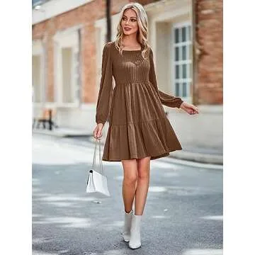 BIUBIU Women's Casual Knit Sweater Dress Square Neck Long Sleeve Knee Length Babydoll Dresses Trendy 2024(Brown,S)