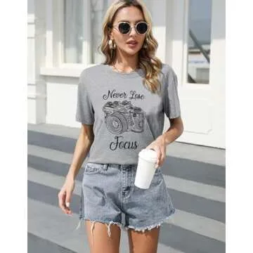 Never Lose Focus Shirt Women Camera Graphic Cute O-Neck Short Sleeve T-Shirt Top (Medium, Gray)