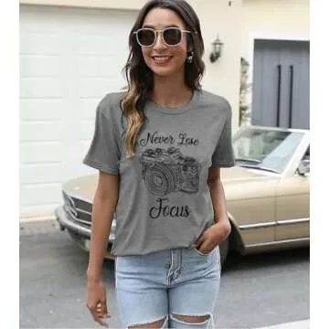 Never Lose Focus Shirt Women Camera Graphic Cute O-Neck Short Sleeve T-Shirt Top (Medium, Gray)