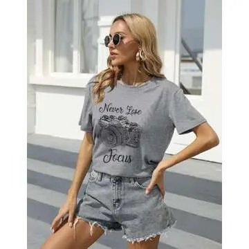 Never Lose Focus Shirt Women Camera Graphic Cute O-Neck Short Sleeve T-Shirt Top (Medium, Gray)