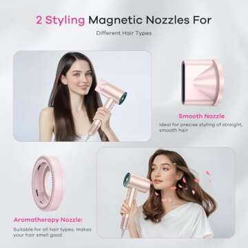Hair Dryer - Negative Ionic Blow Dryer with 110000 RPM High Speed Brushless Motor for Fast Drying, HD Display Hairdryer with Magnetic Aroma Nozzle, Low Noise, 5 Modes & 3 Temps & 2 Speeds (Pink)