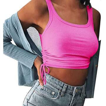 Artfish Women's Hot Pink Sleeveless Ribbed Fitted Crop Tank Top with Drawstring