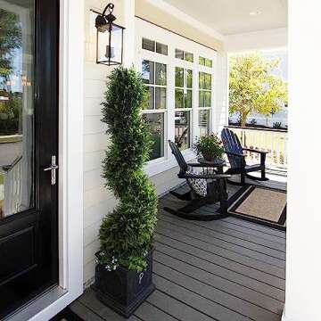 39 inchBoxwood Artificial Cedar Spiral Topiary Trees – Decorative Fake Greenery in Planter Pots for Front Porch, Outdoor Walkway, Entryway Decorating, Set of 2