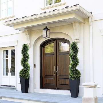 39 inchBoxwood Artificial Cedar Spiral Topiary Trees – Decorative Fake Greenery in Planter Pots for Front Porch, Outdoor Walkway, Entryway Decorating, Set of 2