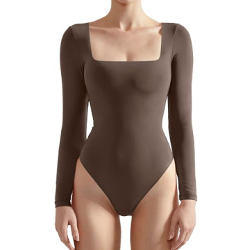SUUKSESS Women's Long Sleeve Bodysuit - Sexy Square Neck Thong Top for Fall & Winter