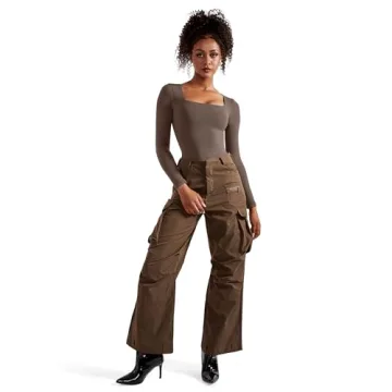 SUUKSESS Women Long Sleeve Bodysuit Sexy Square Neck Thong Top