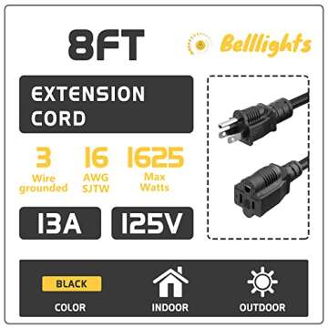 2-Pack 8ft Extension Cord Outdoor 16 AWG Heavy Duty Power Cord 3 Prong SJTW, NEMA 5-15P to NEMA 5-15...