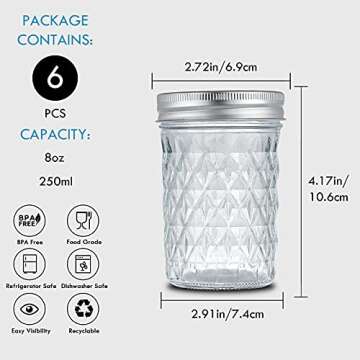 YEBODA 6 Pack 8 oz Mason Jars with Airtight Lids and Bands Glass Canning Jars Ideal for Preserving, Jam, Honey, Jelly, Wedding Favors, Shower Favors, Sauces, DIY Spice Jars, Salad