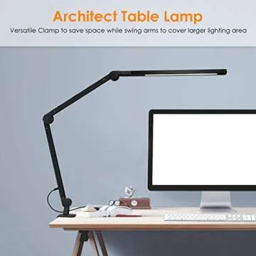 Desk Lamp with Clamp | Swing Arm Desk Light | Eye Caring Table Lamp, Dimmable, 5 Color Modes, Memory, Timer | Modern Architect Desk Lamps for Home Office Study Work Task Drafting Workbench