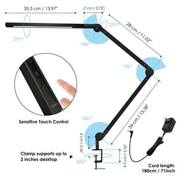 Desk Lamp with Clamp | Swing Arm Desk Light | Eye Caring Table Lamp, Dimmable, 5 Color Modes, Memory, Timer | Modern Architect Desk Lamps for Home Office Study Work Task Drafting Workbench