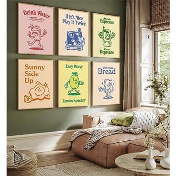 Retro Trendy Wall Art Decor Kitchen Aesthetic Canvas Wall Art Vintage Cute Pictures Funny Green Posters Retro Pink Prints Vintage Gallery Painting Funky Artwork for Room 12x16 Inch Unframed Set of 6