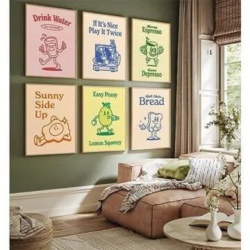 Retro Trendy Wall Art Decor Kitchen Aesthetic Canvas Wall Art Vintage Cute Pictures Funny Green Posters Retro Pink Prints Vintage Gallery Painting Funky Artwork for Room 12x16 Inch Unframed Set of 6