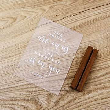 Acrylic Wedding Bar Sign with Wood Stand- 5” x 7" Glass Look Clear Acrylic Wedding Drink Sign Open...