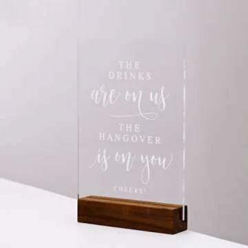 Acrylic Wedding Bar Sign with Wood Stand- 5” x 7" Glass Look Clear Acrylic Wedding Drink Sign Open Bar Sigs with Holder for Wedding Reception & Event Party Table Centerpiece Decor