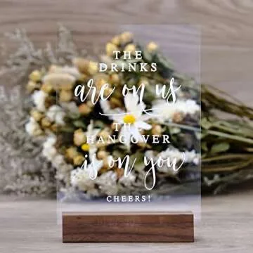 Acrylic Wedding Bar Sign with Wood Stand- 5” x 7" Glass Look Clear Acrylic Wedding Drink Sign Open Bar Sigs with Holder for Wedding Reception & Event Party Table Centerpiece Decor