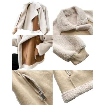 Women's Winter Lapel Collar Faux Suede Coat Long Sleeve Jacket Short Warm Lambswool Fur Fuzzy Biker ...