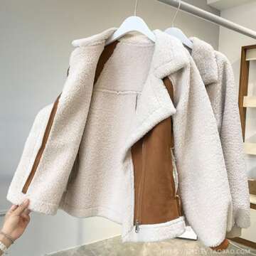 Women's Winter Lapel Collar Faux Suede Coat Long Sleeve Jacket Short Warm Lambswool Fur Fuzzy Biker Motor Outwear Top (Brown,L,Large)