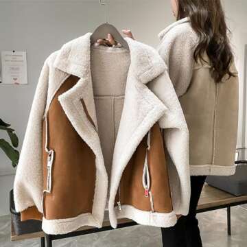 Women's Winter Lapel Collar Faux Suede Coat Long Sleeve Jacket Short Warm Lambswool Fur Fuzzy Biker Motor Outwear Top (Brown,L,Large)