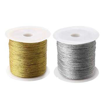 Pengxiaomei 218 Yards/656 Feet Metallic Cord 2 Pcs Spool Metallic Thread Colored Jewelry Thread Colored Craft Gold String Tinsel String Craft Making Cord for Gift Wrapping(0.5mm)