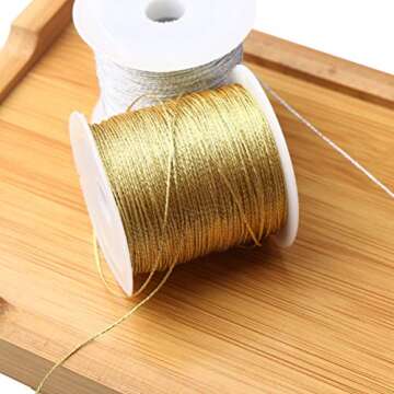 Pengxiaomei 218 Yards/656 Feet Metallic Cord 2 Pcs Spool Metallic Thread Colored Jewelry Thread Colored Craft Gold String Tinsel String Craft Making Cord for Gift Wrapping(0.5mm)