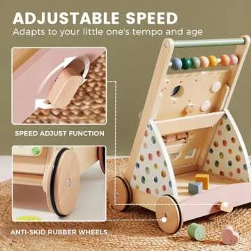 Tiny Land Wooden Baby Walker, Baby Push Walker, Montessori Walker Toy, Adjustable Speed Baby Walker for Boys and Girls, Baby Activity Center, Push Toys for Kids Development
