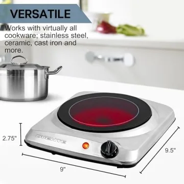 OVENTE Countertop Infrared Single Burner, 1000W Electric Hot Plate with 7” Ceramic Glass Cooktop, 5 Level Temperature Setting & Easy to Clean Base, Compact Stove for Home Dorm Office, Silver BGI101S