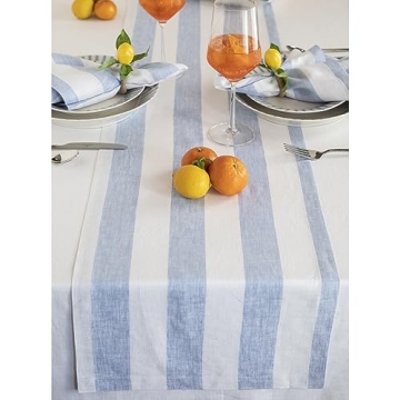 Elegant Solino Home Linen Stripe Table Runner – 100% Pure Linen, Sky Blue and White 14 x 36 Inch