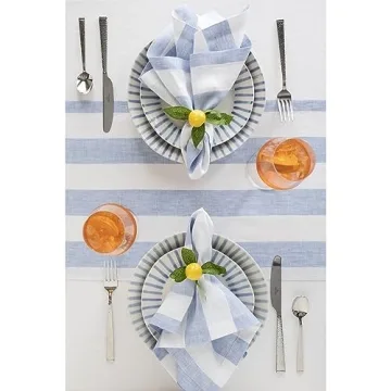 Solino Home Linen Stripe Table Runner Sky Blue 14 x 36 Inch