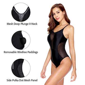 CharmLeaks Mesh One Piece Swimsuit Women Plunge Swimwear Lace Up Monokini Black S