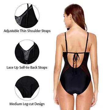 CharmLeaks Mesh One Piece Swimsuit Women Plunge Swimwear Lace Up Monokini Black S