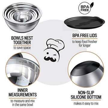 Priority Chef Stainless Steel Mixing Bowls with Lids Set, 5 Piece Collection, Space-Saving Design fo...