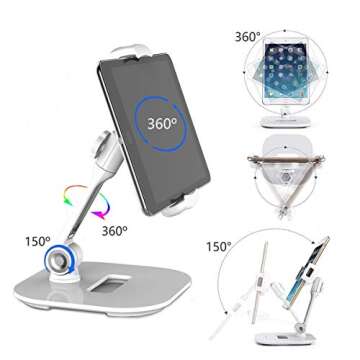 Ledetech Sturdy Smart Device Holder/Tablet Mount, 360° Swivel Metal Base Tablet Stand & Phone Holder with Bracket Cradle Clamps 4-13" Devices for Kitchen, Office Desk, Showroom (Pearl White)