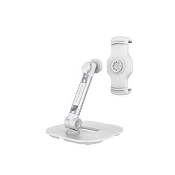Ledetech Sturdy Smart Device Holder/Tablet Mount, 360° Swivel Metal Base Tablet Stand & Phone Holder with Bracket Cradle Clamps 4-13" Devices for Kitchen, Office Desk, Showroom (Pearl White)